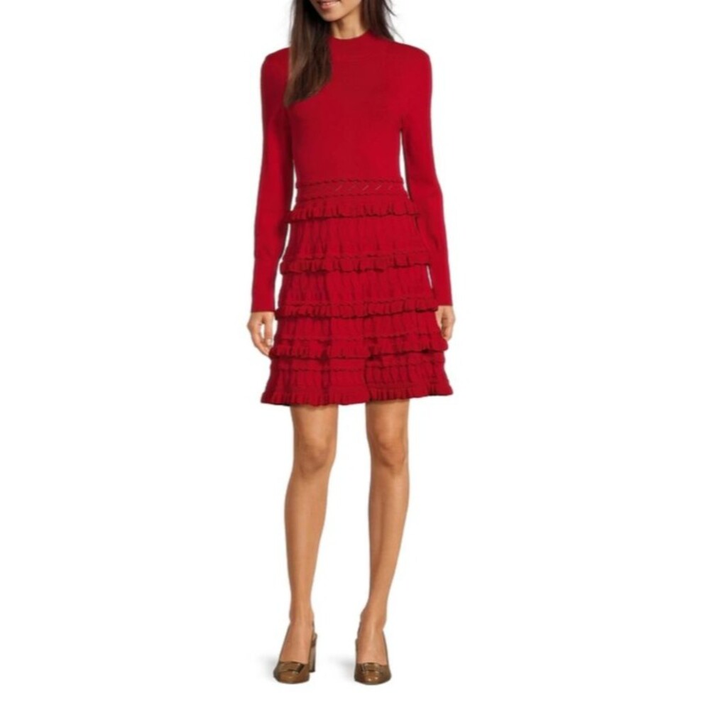 Marchesa Calla Stretch Knit Mock Neck Tiered Ruffle Sweater Dress size XL NWT